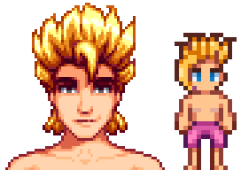 A picture of Diverse Stardew Valley's vanilla option for Sam's portrait and character sprite.