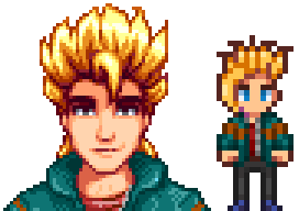  A picture of Diverse Stardew Valley's vanilla option for Sam's portrait and character sprite.
