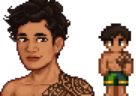 A picture of Diverse Stardew Valley's Samoan Alex variant with tattoos on his shoulder and chest.