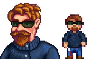  A picture of Diverse Stardew Valley's modded Clint variant with facial scarring around his eye and cheek.