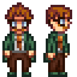  A picture of the character sprites for Diverse Stardew Valley's vanilla Harvey variant with a mustache.