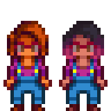  A picture of the character sprites for Diverse Stardew Valley's Modded Notsnufffie and vanilla Maru variants wearing glasses.