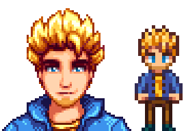  A picture of Diverse Stardew Valley's Modded Lighter Sam variant with a thin blond beard.