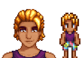  A picture of Diverse Stardew Valley's Modded Darker Sam variant wearing colourful board shorts and a purple binder.