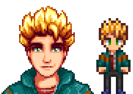  A picture of Diverse Stardew Valley's Modded Lighter Sam variant with green eyes.
