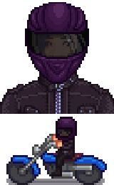  A picture of Diverse Stardew Valley's Modded Purple Sebastian variant wearing motorbike leathers and a purple motorbike helmet..