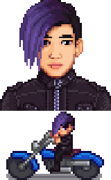 A picture of Diverse Stardew Valley's Modded Purple Sebastian variant wearing motorbike leathers without a helmet..