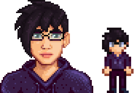  A picture of Diverse Stardew Valley's Modded Black Sebastian variant wearing glasses.