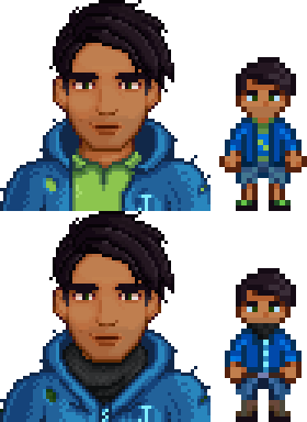 Two pictures of Diverse Stardew Valley's modded Shane variant. One is wearing a raggedy Joja hoodie over a green polo shirt and the other is wearing the same hoodie zipped up with a black scarf.