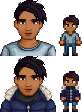 Two pictures of Diverse Stardew Valley's modded Shane variant. One is wearing a steel-blue long-sleeved shirt and the other is wearing a navy padded jacket with a black scarf.