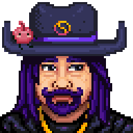  A picture of Diverse Stardew Valley's modded Wizard variant with a pink junimo sitting on his hat.